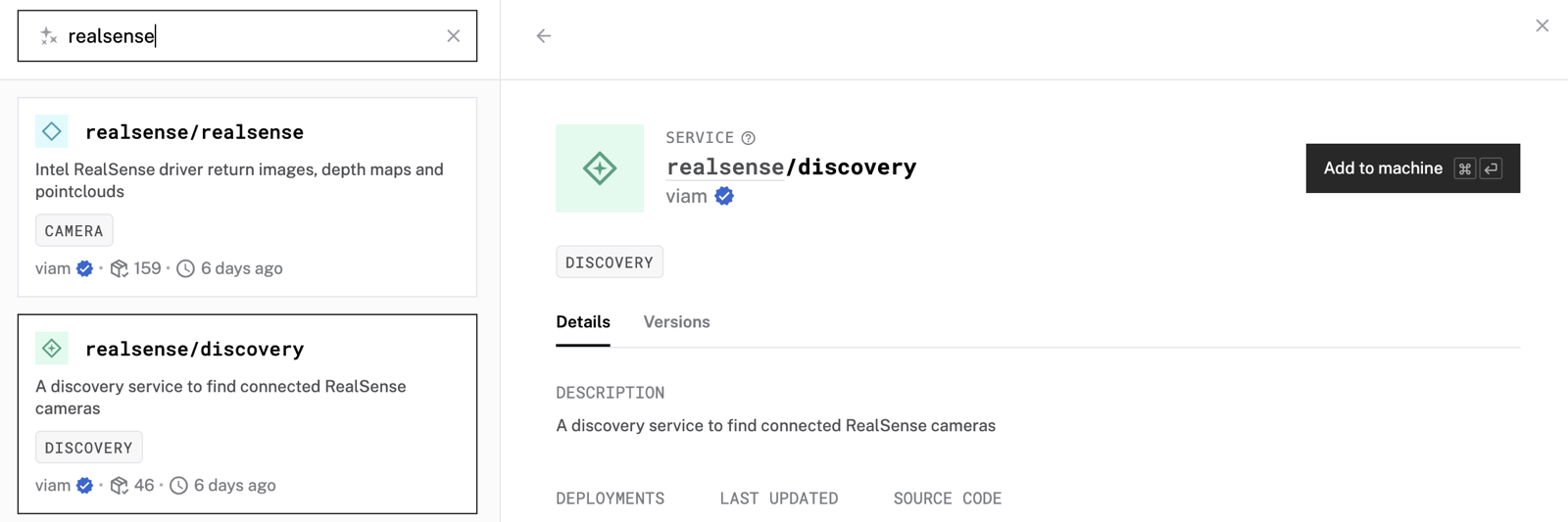 The add-component dialog with realsense searched and the discovery / realsense:discovery service selected.
